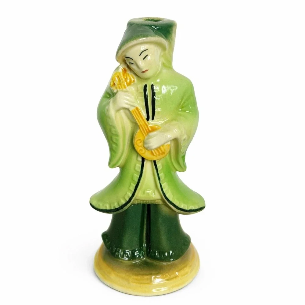 Ceramic Woman Lute Figurine Green Robe Asian Mystical Musician Statue‎ 8.5